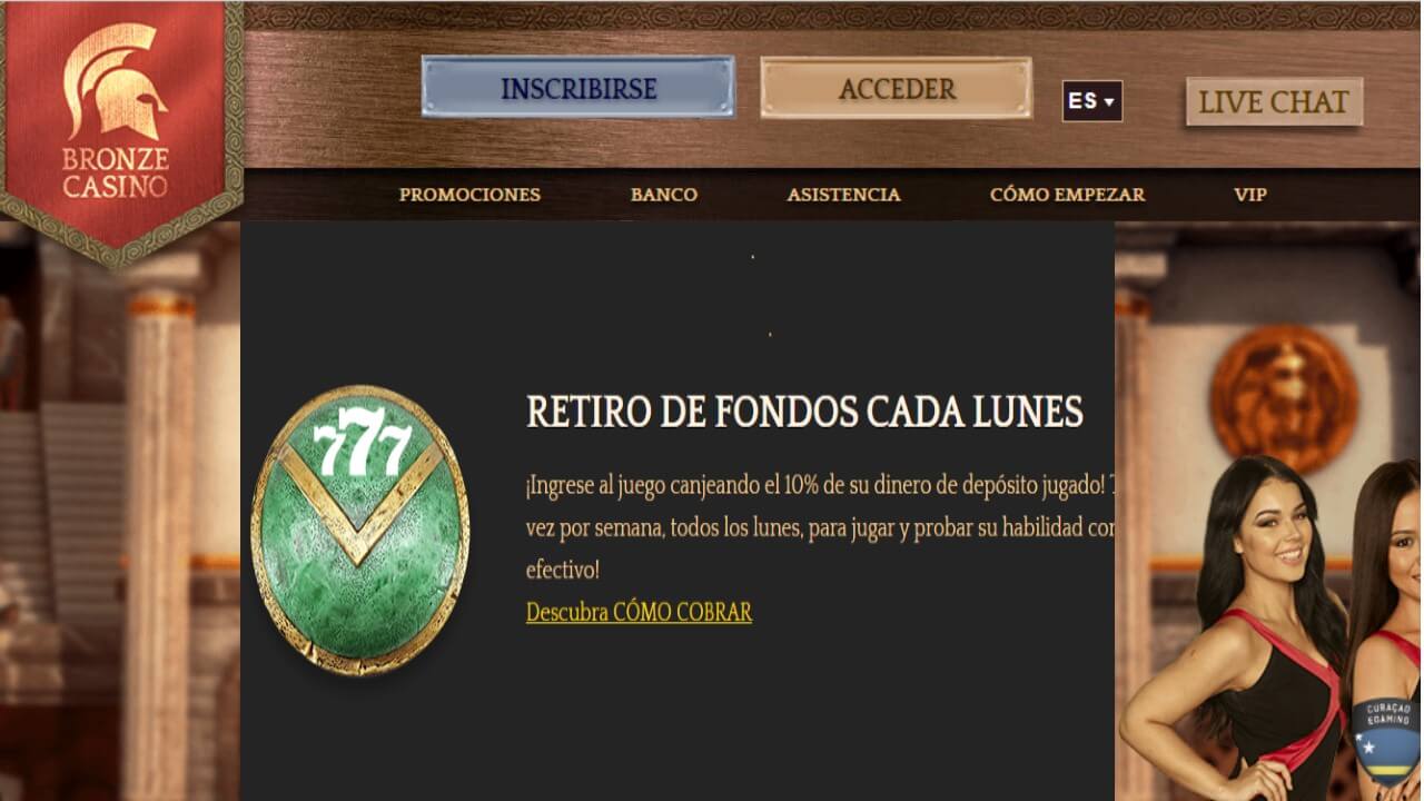 Bonos de reembolso del 10% por retiros los lunes Bronze Casino