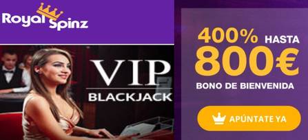 25 juegos gratis y 800 euros por 400% al primer depósito en Casino Royal Spinz